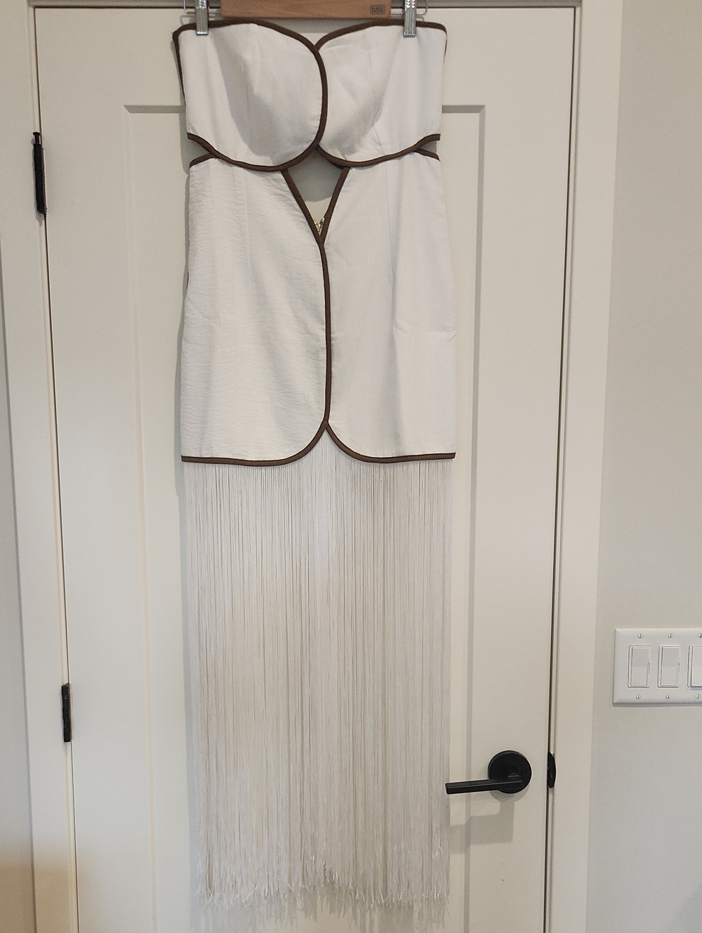 Luxxel Strapless White Fringe Dress with Brown Trim